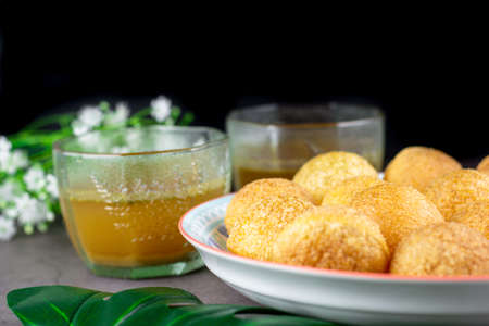 Indian traditional snack. Pani puri with boiled potato and sauce.の写真素材