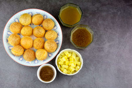 Indian traditional snack. Flat lay Pani puri with boiled potato and sauce.の写真素材