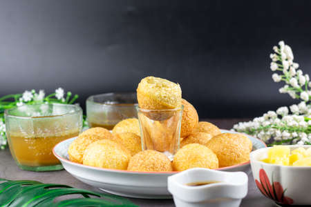 Indian traditional snack. Pani puri with boiled potato and sauce.の写真素材