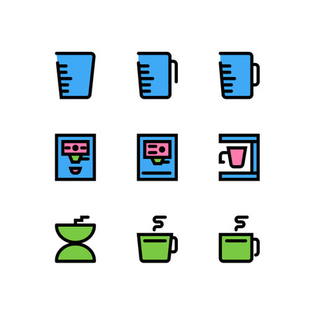 Set of coffee icons. Editable stroke. Pixel perfect 32x32 For web and mobile. Icons such as a cup of coffee, coffee machine, and measuring glass.のイラスト素材