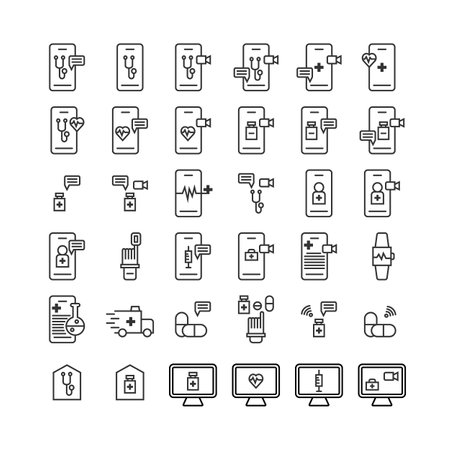 Set of thin line icons. Telemedicine concept, online treatment by phone and computer. Editable stroke. Pixel perfect 64x64 For web and mobile.のイラスト素材