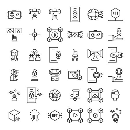 Set of metaverse icons. Thin line icons such as VR, AR, blockchain technology, cloud computing, cryptocurrency, and intelligent artificial Editable stroke. Pixel perfect 64x64 For web and mobile.のイラスト素材