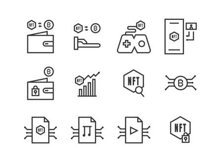 Set of NFT (Non-fungible token) icons. Thin line icons such as blockchain technology, buy and sell NFT art, and cryptocurrency. Editable stroke. Pixel perfect 64x64 For web and mobile.のイラスト素材