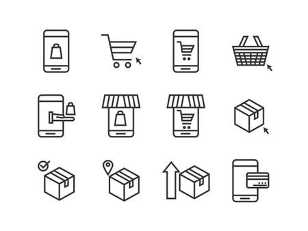 Set of online shopping icons. Thin line icons such as shopping, cart box post, mobile and credit card, e-commerce. Editable stroke. Pixel perfect 64x64 For web and mobile.のイラスト素材