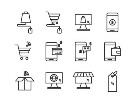 Set of online shopping icons. Thin line icons such as shopping, cart box post, mobile and credit card, e-commerce. Editable stroke. Pixel perfect 64x64 For web and mobile.のイラスト素材