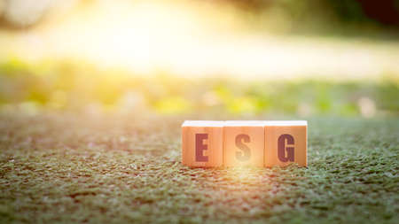 Environmental, social, and governance (ESG) concept. Wooden cube block with ESG letter on a green background. Using the technology of renewable resources to reduce pollution.の写真素材