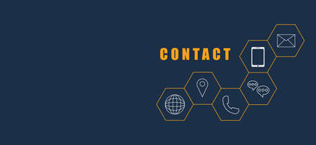 Contact us concept. Icons such as mobile phone, E-mail address, chat, global communication on dark blue background for presentation, web banner, article. Business and network connection and company.のイラスト素材