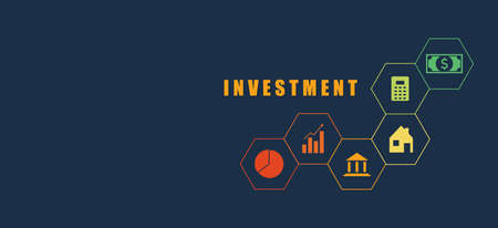 Investment, wealth and business concept. Icons such as real estate, accounting, graph growing, money and finance, and banking on dark blue background for presentation, web banner, article.のイラスト素材