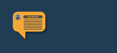 Customer review and feedback concept. Yellow speech bubble with a five-star rating on a dark green...