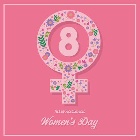 International Women's Day concept. Female symbol decorated with flowers and leaves and 8 numbers on a pink background. Equality, female strength, independence of thought and action. Flat design.のイラスト素材
