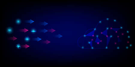 Cloud computing operating system concept. Polygon cloud and data transmission on blue background. Wireless file upload, technology download, secure data protection system. Business and technology.の写真素材
