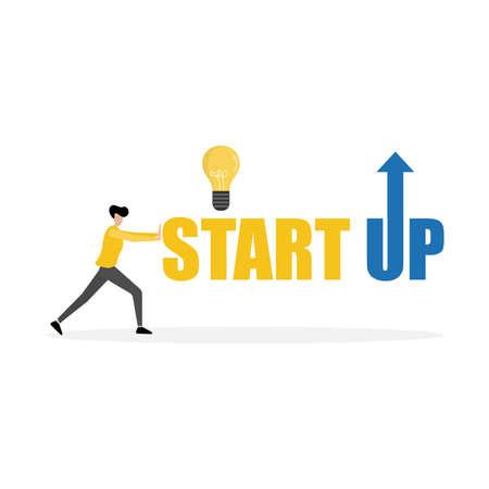Start-up business concept. Businessman pushing text of starts up with light bulb on the white background.のイラスト素材