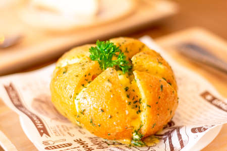 Desert and sweet bakery concept. Close up cream cheese garlic bread Korea street food.