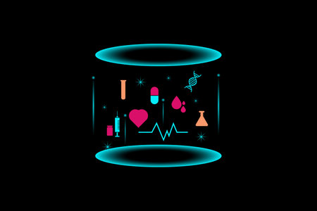 Telemediciene concept. Oval shape with the icons of medical such as a syringe, drug, DNA, capsule, heart rate, and stethoscope on blue background. E-healthy and innovative medical diagnosis.のイラスト素材