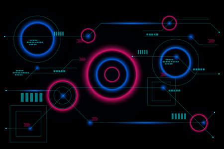 Futuristic technology concept.  The glowing and shining light of the ring with green lines and dots with hi tech background.の写真素材