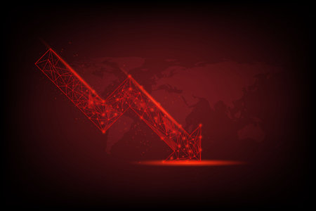 Economic critical crisis concept. A low polygon with a wireframe of the lower arrow and shiny on red world map background. Recession financial, cryptocurrency, gold, and the stock market. Losing money and cash.の写真素材