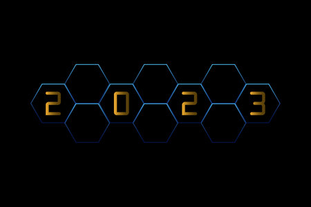 Happy new year. Gloden of 2023 with blue line hexagonal on black background.のイラスト素材