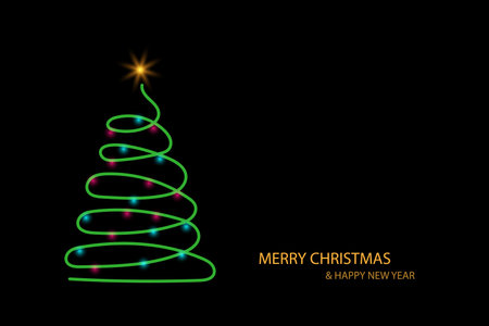 Lights green shiny Christmas tree with a golden glowing star on top and snow on black  background. Holiday celebration. Bright light decoration.のイラスト素材