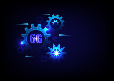 Business and technology concept. 6G with blue cogs on the background. Wireless network...