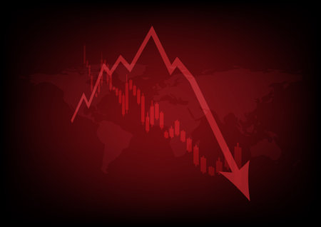 Economic critical crisis concept. A low polygon with a wireframe of the lower arrow and shiny on red world map background. Recession financial, cryptocurrency, gold, and the stock market. Losing money and cash.のイラスト素材