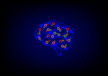 Creative and idea concept. Brain and cog gears wheel inside on blue background. Artificial intelligence. Mechanism teamwork engineer.のイラスト素材