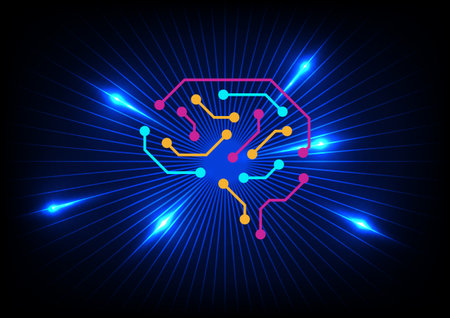 Creative and idea concept. Circuit brain with light rays on blue background. Artificial intelligence. Mechanism teamwork engineer.のイラスト素材