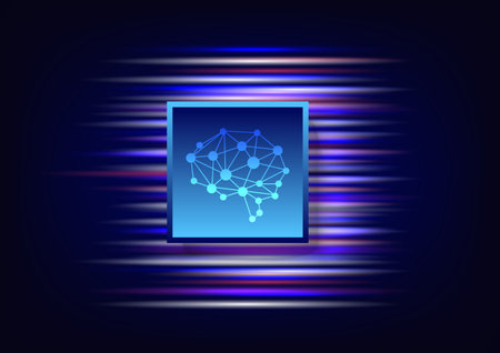 Creative and idea concept. Network of brain with light rays on blue background. Artificial intelligence. Mechanism teamwork engineer.のイラスト素材