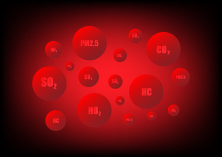 Air pollution concept. Red bubbles with text such as pm2.5, chemistry substance, and carbon dioxide on a red background. Critical environment, climate change, unhealthy.のイラスト素材