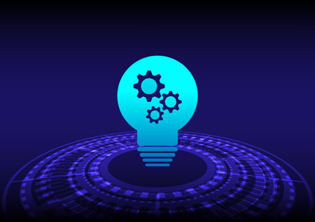 Business and technology concept. Gears or cog inside the light bulb with a tech circle background. Engineer and intelligent, teamwork and idea.のイラスト素材