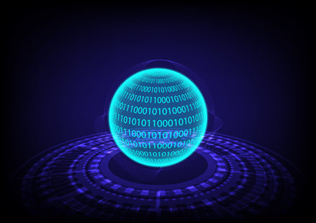 Cyber crime concept. Globe with binary code and security payment information. Digital earth with tech-circle on technology background. Data Sorting. Artificial intelligence. Big data.Smart system.のイラスト素材