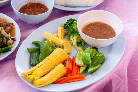 Thai spicy shrimp paste dipping sauce served with steamed vegetables such as carrot, broccoli, baby corn, cucumber and bamboo shoots. Homemade Thai food.の写真素材