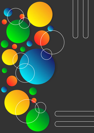 The gradient color of four circles yellow, green, orange, and blue with white lines on black background. Vector and illustration for banner and backdrop website.のイラスト素材