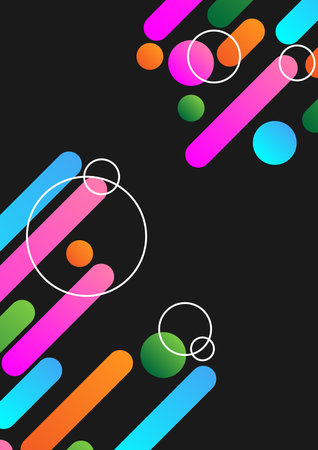 The gradient color of four circles pink, green, orange, and blue with white lines on black background. Vector and illustration for banner and backdrop website.のイラスト素材