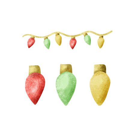 Watercolor red, yellow and green Christmas lights on white background.のイラスト素材