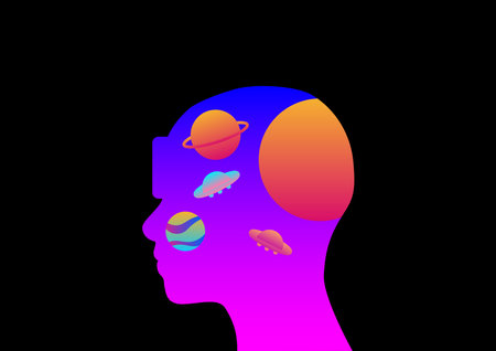 Metaverse or Virtual reality concept. Man wearing VR on the space or galaxy with a planet on black background.のイラスト素材