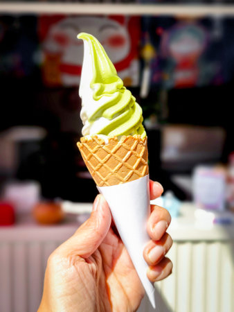 Close-up matcha and vanilla twist soft serve in a crispy waffle cone in human hand with blurry background. Delicious food and snack concept.の写真素材
