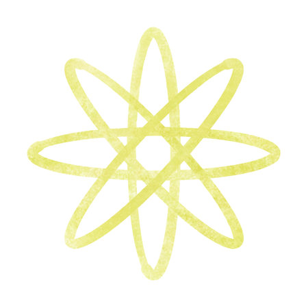 Science and technology concept. Yellow atomic neutron isolated on white background. Orbit spin and proton core. Water colour vector illustration.のイラスト素材