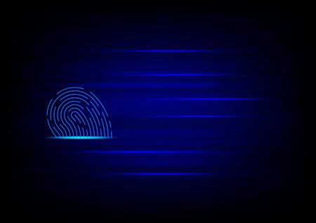 Cyber security and cyber crime concept. Scanning electronic thumb fingerprint on futuristic technology abstract background. Digital protection data. Hacker protection.のイラスト素材