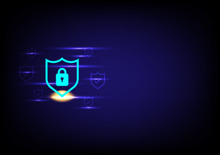 Cyber security concept. Locks on technology and dark background. Hacker protection and viruses on the Internet. Security internet access and personal data.のイラスト素材