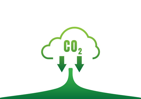 Carbon Dioxide Reduction Concept. Green clouds and the CO2 symbol, down arrow on white background.のイラスト素材