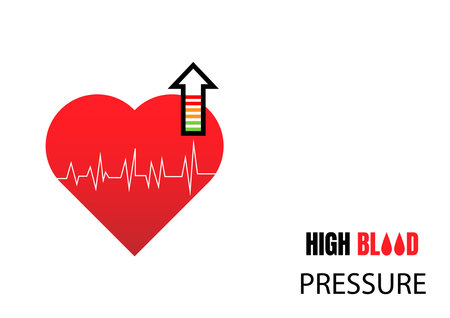 National high blood pressure concept. Red heart with high scale and upper arrow measure isolated on white background. For banners, card, and posters with text inscriptions.のイラスト素材