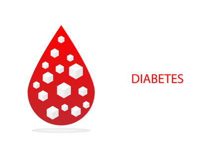 Diabete concept. High level cube of sugar or glucose in drop of red blood on a white background.のイラスト素材