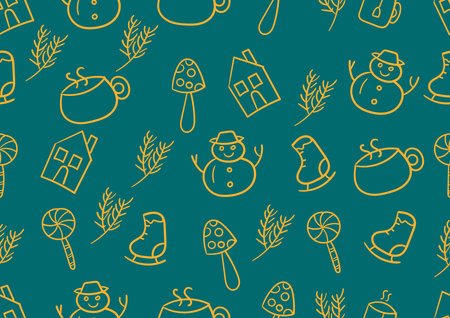 Doodle art of Christmas tree and winter seamless patterns on a green background. For cards, frames,...