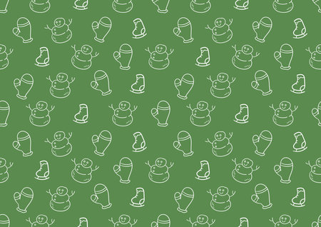 Doodle art of Christmas and winter seamless patterns on a green background. For cards, frames, posters, book covers, textiles, wallpaper, wrapping and fabric.のイラスト素材