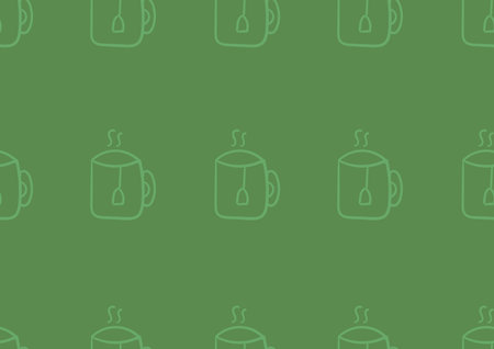 Doodle art cup of tea seamless patterns on a green background. For cards, frames, posters, book covers, textiles, wallpaper, wrapping and fabric.のイラスト素材
