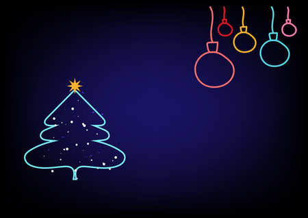 The green line of the Christmas tree with a shiny golden star on top and Christmas ball hanging on dark blue background.のイラスト素材
