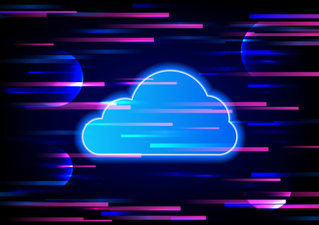 Cloud computing with light digital on a blue background. Futuristic business network and data transfer. Smart device saving data and analysis.のイラスト素材