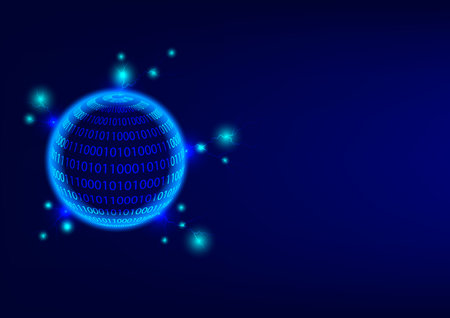 The glowing and neon light circle or globe of binary code numbers with thunder on a dark blue background. Metaverse and futuristic and innovation communication and cyber crime.のイラスト素材