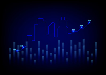 Real estate investment concept. The glowing and neon light of the home with an upper arrow graph on a dark blue background. Property growth and profit for the future.のイラスト素材