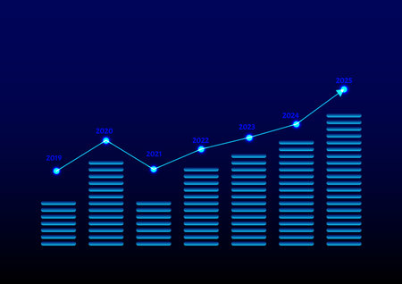 Stock and investment concept. A bar and line graph on a dark blue background. Bullish market, profit of wealth, business growth up. New year goals, vision plan for business in 2025. Economic trend.のイラスト素材
